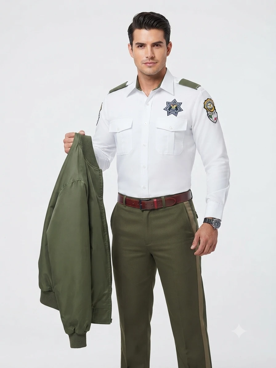 seguridad-camisa-blanca-insignias-chamarra-verde.webp